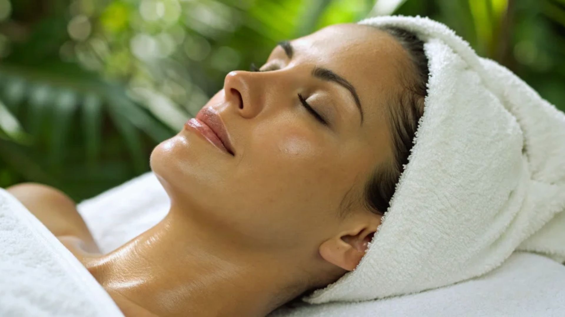 A woman receiving a facial treatment while relaxing in a serene spa environment.
