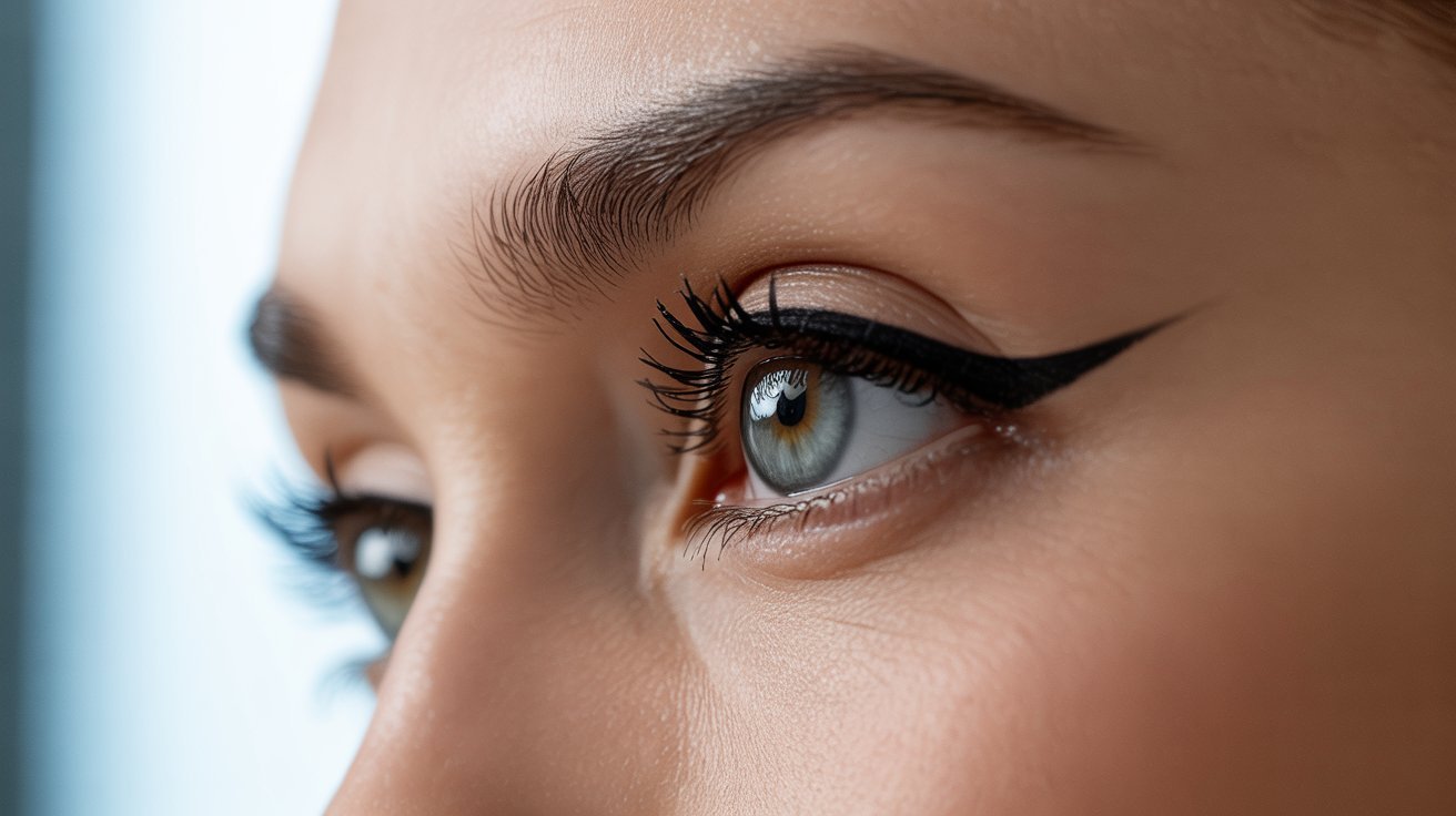 A woman with long eyelashes accentuated by bold black eyeliner, showcasing her striking eye makeup.