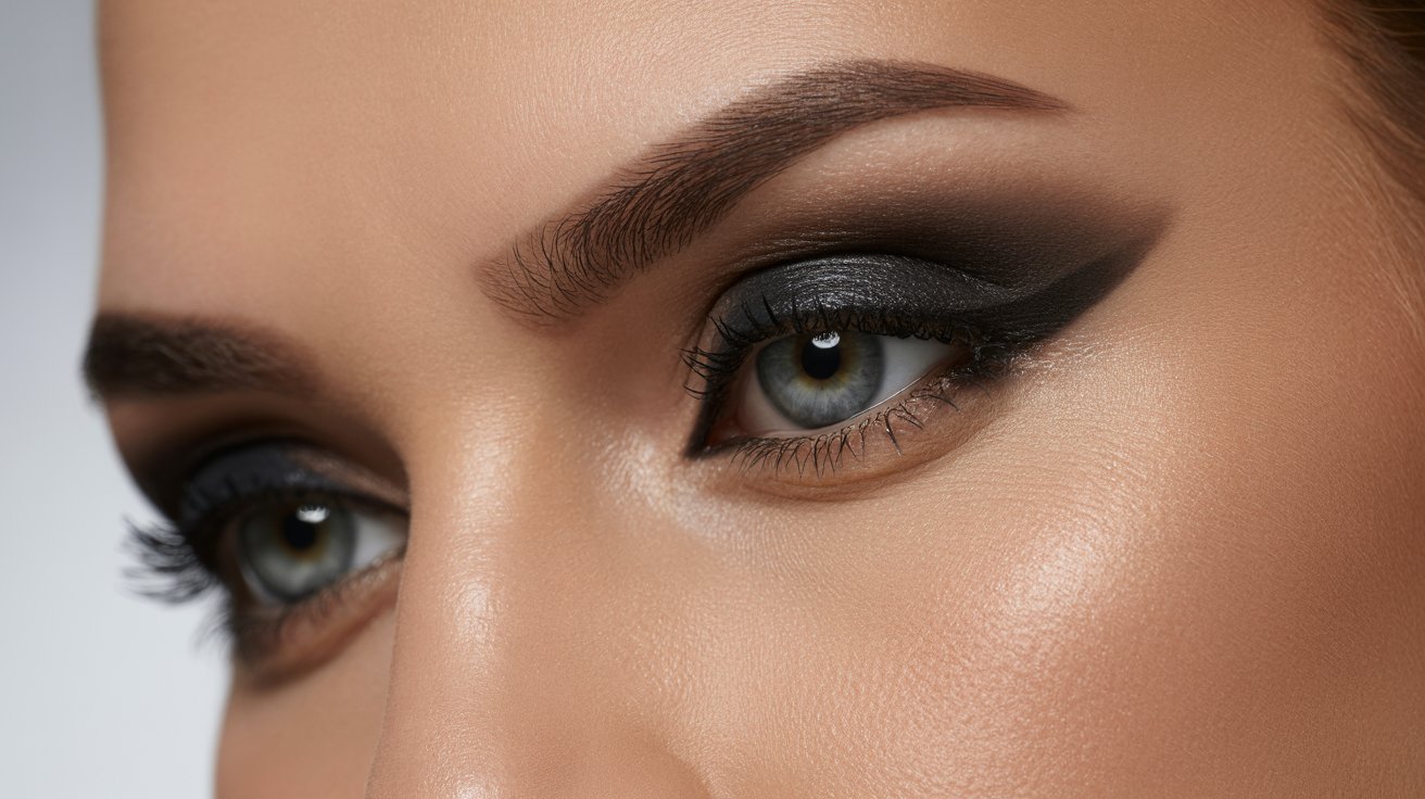 Close-up of a woman's eye adorned with dark makeup, highlighting her lashes and eyeliner.