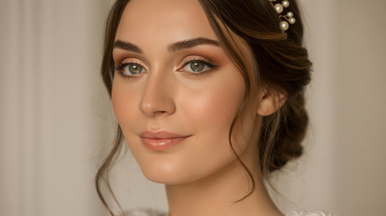 A woman in a wedding dress and elegant headpiece, smiling softly, stands in a bright, floral-filled setting.