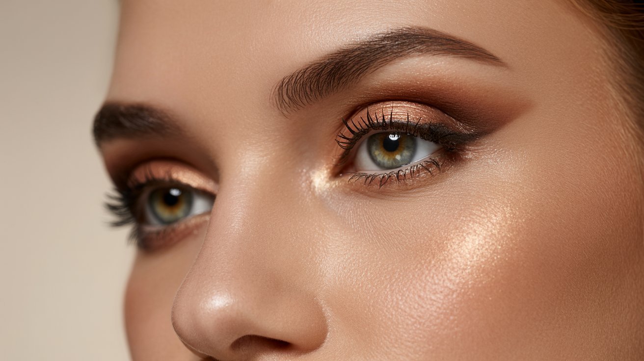 A woman showcasing an elegant makeup look with vibrant colors and flawless application.