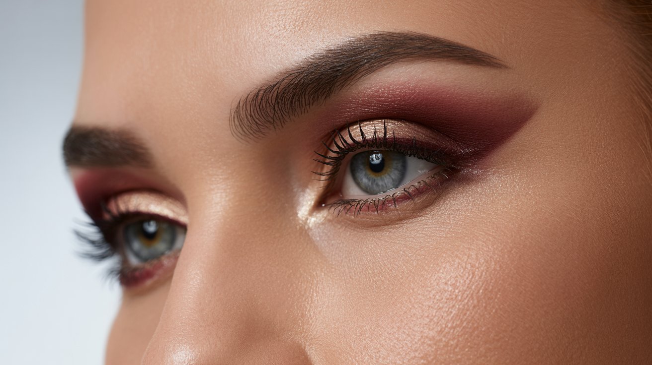 Close-up of a woman's eye adorned with vibrant red eye shadow, highlighting her eyelashes and brow.