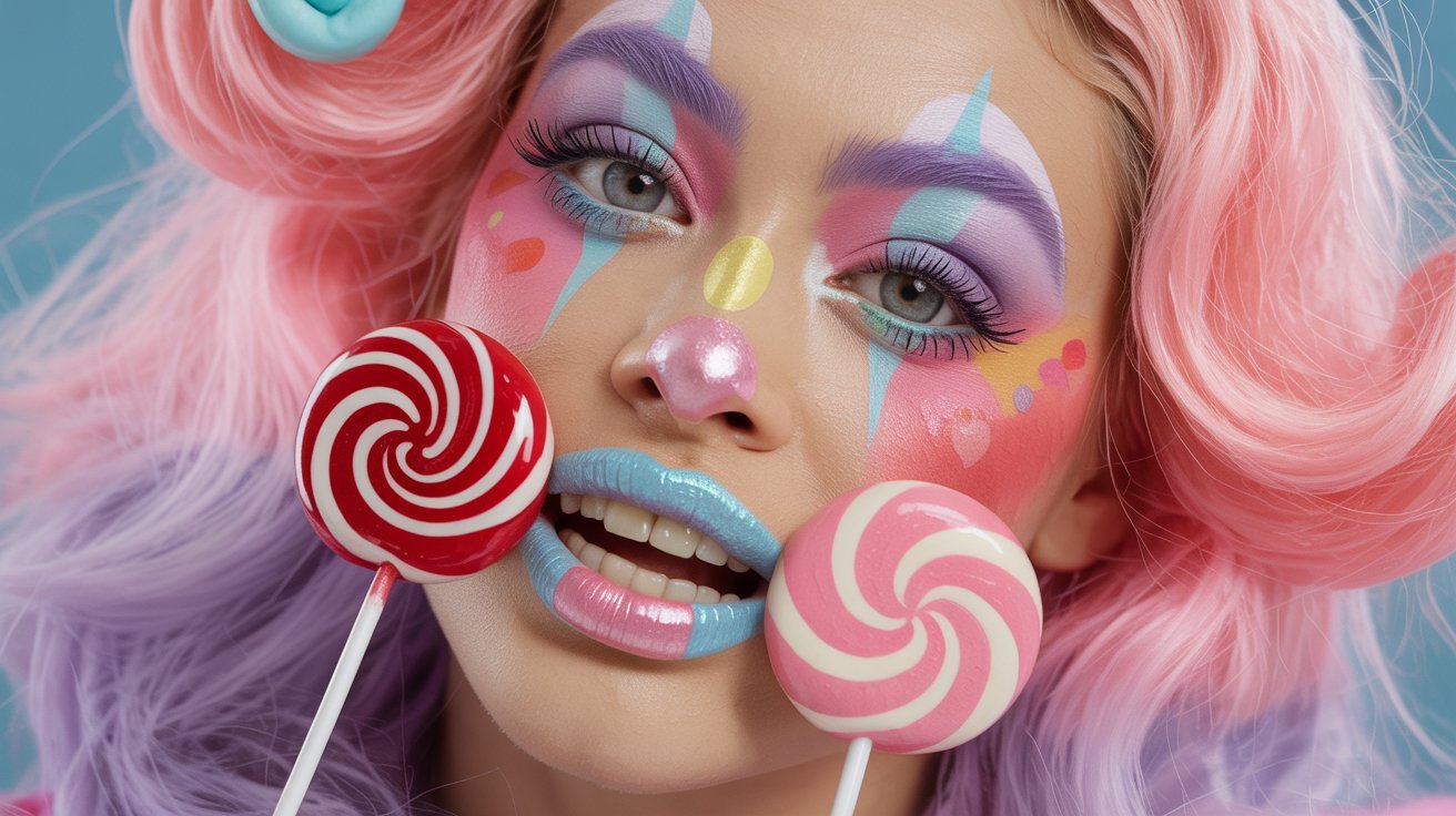  A woman with vibrant hair and makeup joyfully holds colorful lollipops in her hands.