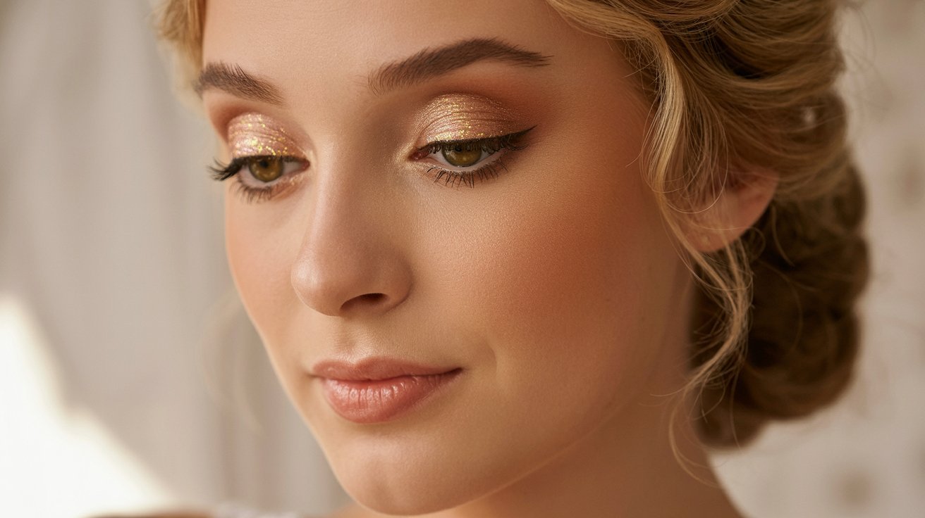 A woman showcasing a glamorous gold makeup look, highlighting her eyes and lips with shimmering gold tones.
