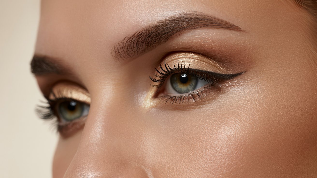 A woman showcasing gold makeup and a dramatic long eyeliner look, emphasizing her striking features.