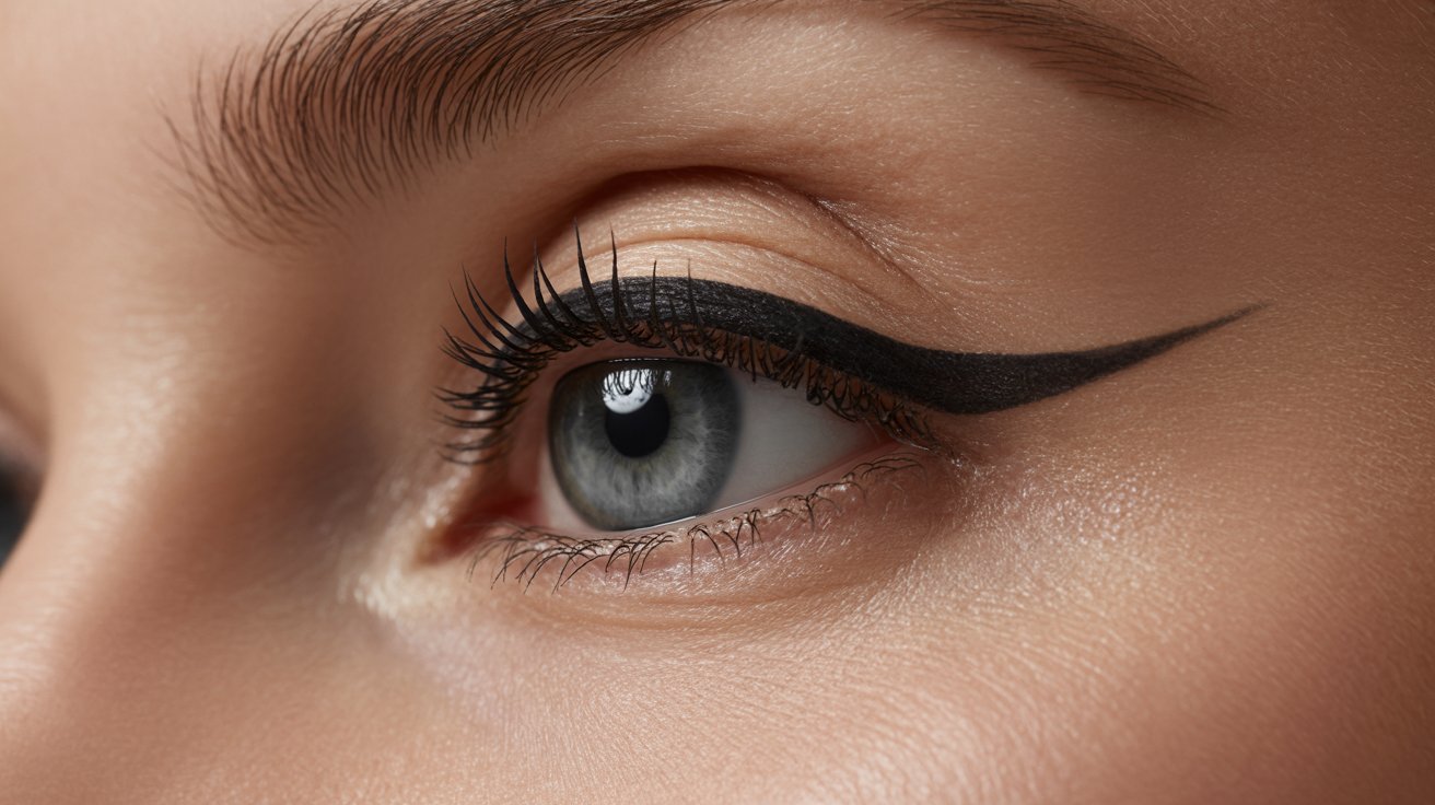 A close-up of a woman's eye featuring bold black eyeliner and mascara, highlighting her eyelashes and eye shape.
