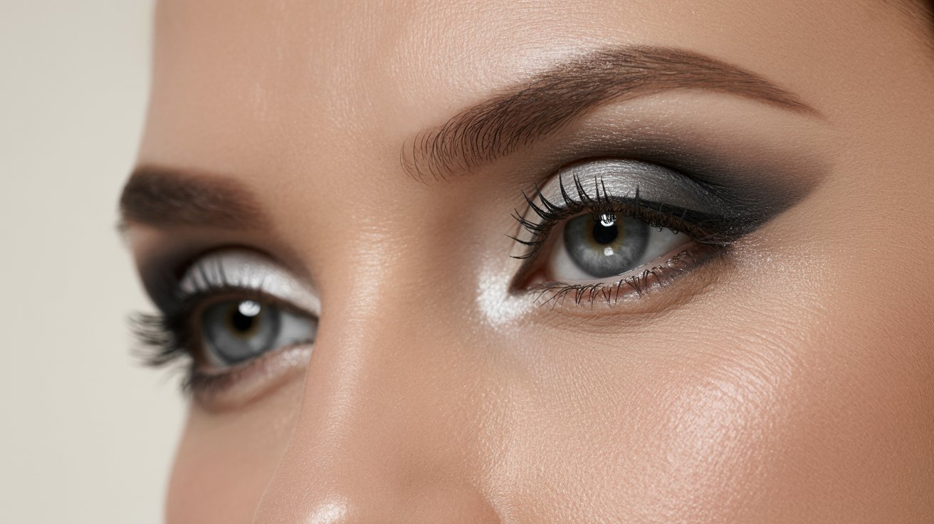 A woman with striking black and white makeup, showcasing a bold and artistic facial design.