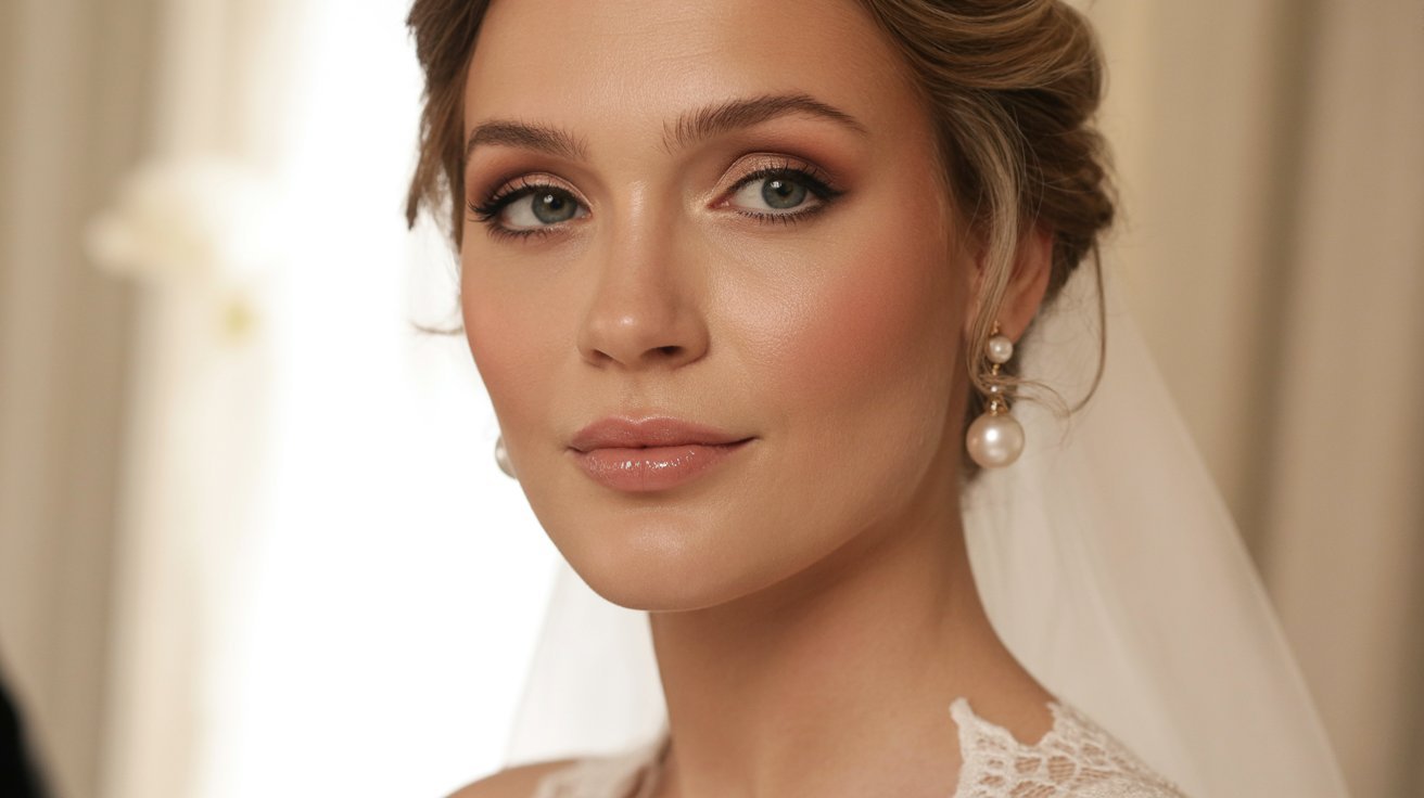 A beautiful bride showcasing her elegant wedding makeup, radiating joy and anticipation for her special day.