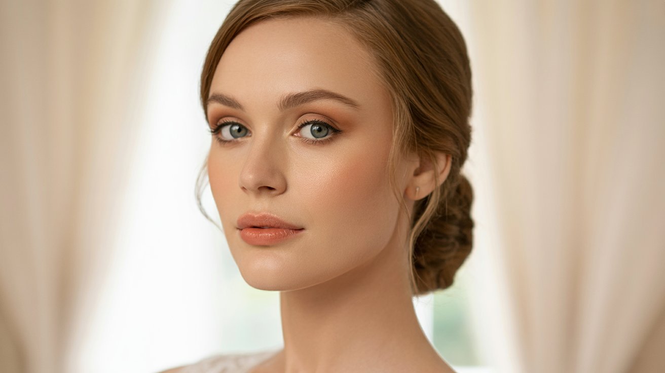 A woman in a wedding dress, elegantly styled with makeup, radiates joy and beauty on her special day.
