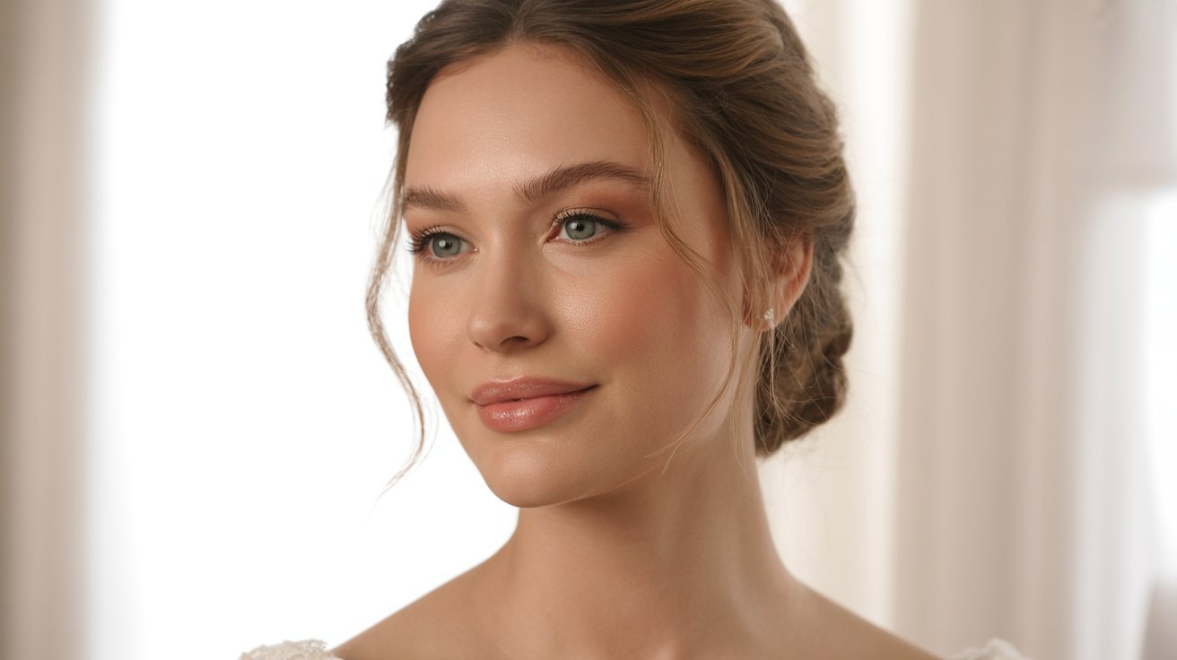 A woman dressed in a beautiful wedding gown, complemented by elegant makeup, showcasing her excitement for the wedding day.