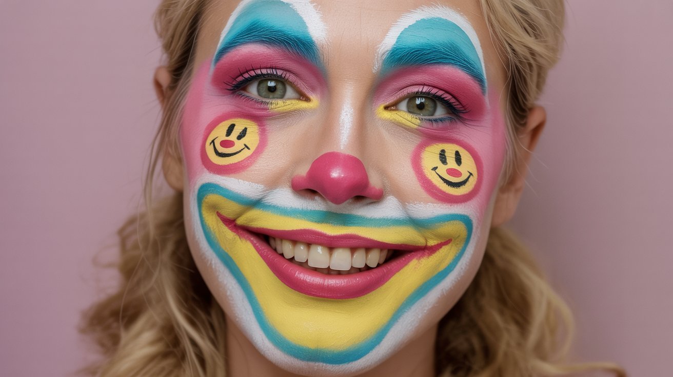  A woman smiling with colorful clown face paint, featuring exaggerated red lips and bright cheeks.
