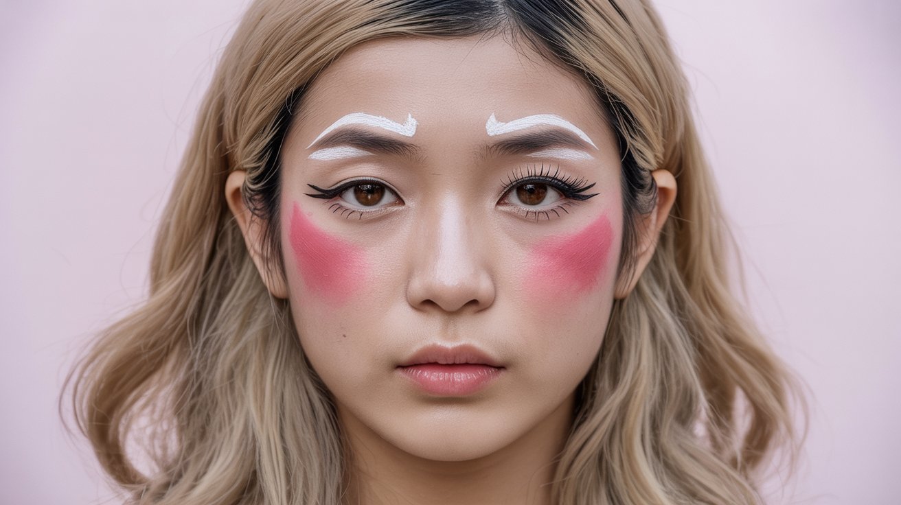 A woman with vibrant pink makeup accentuating her features, showcasing a bold and artistic look.