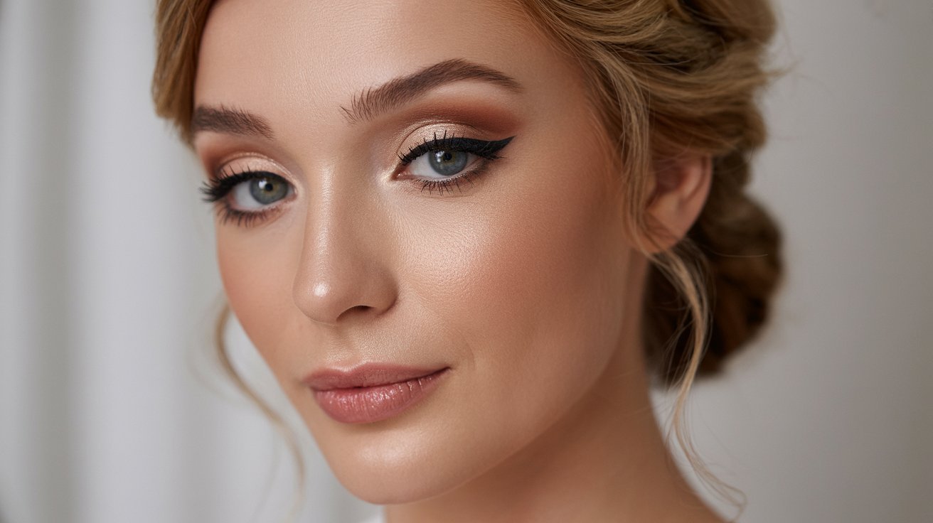 A woman showcasing an elegant wedding makeup look, featuring soft colors and a radiant finish.
