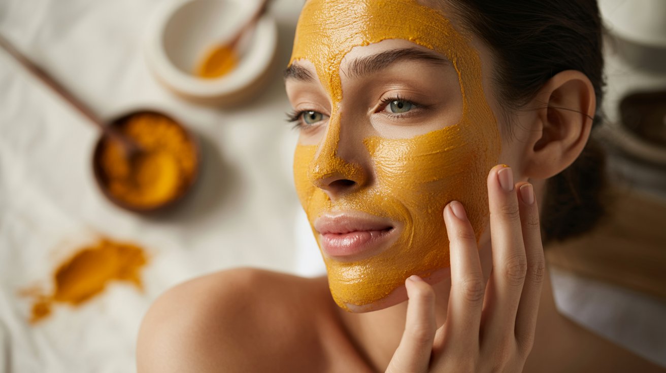 A woman wearing a face mask, focusing on skincare, with a serene expression.