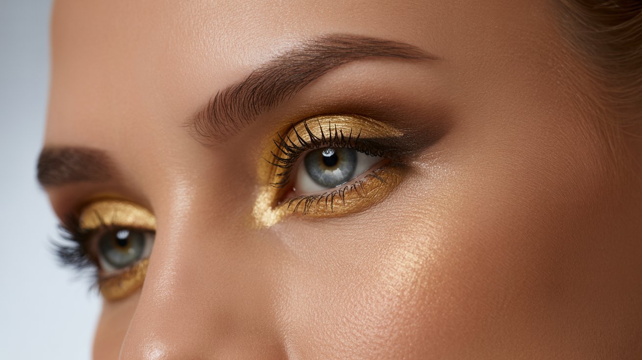  Close-up of gold eyeshadow applied on eyelids, showcasing a glamorous makeup look for women.
