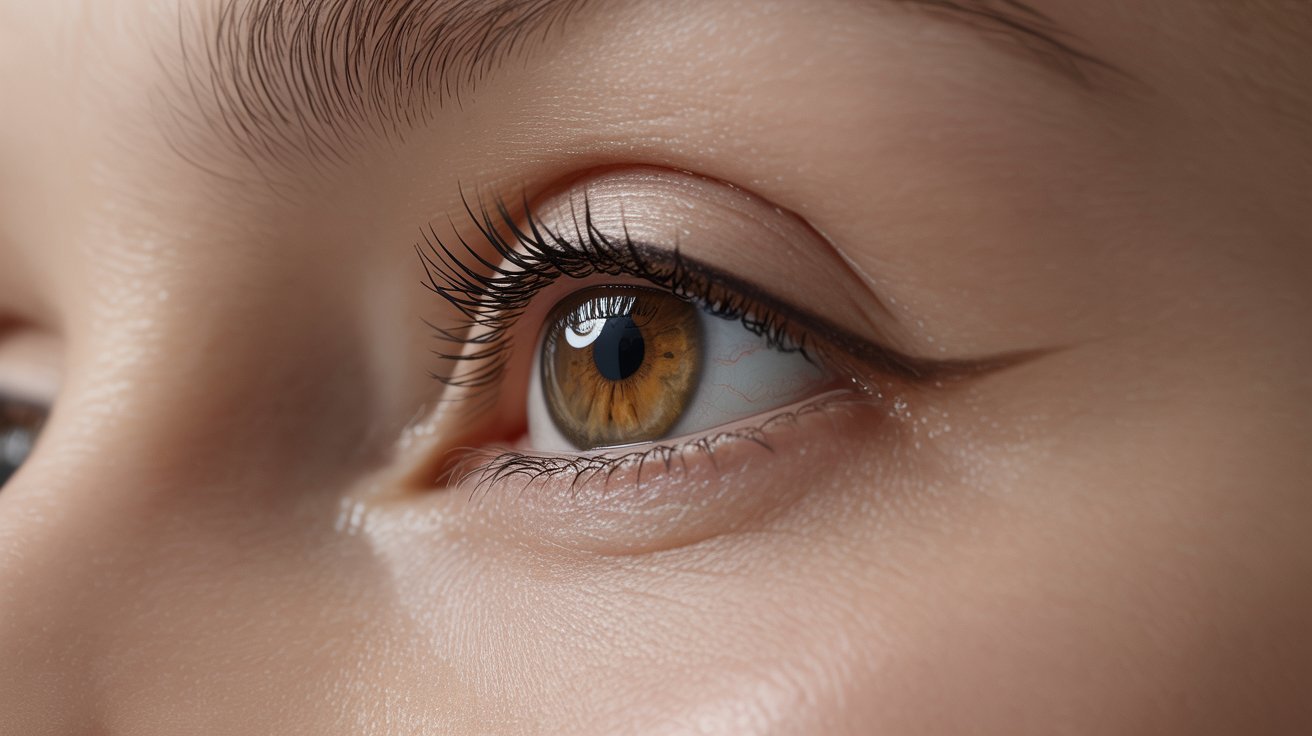  Close-up of a woman's eye, showcasing intricate details of the iris and eyelashes against a soft background.