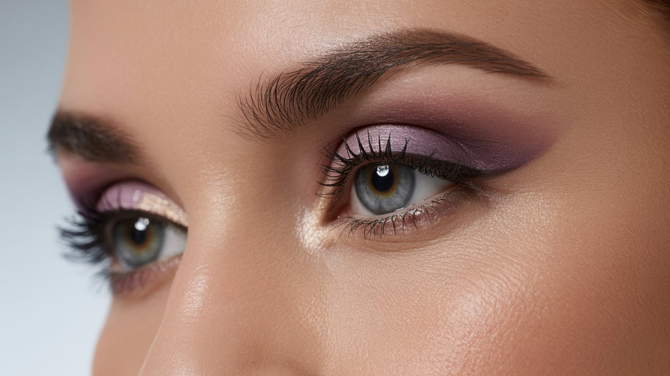 Close-up of a woman's eye adorned with vibrant purple makeup, highlighting her eyelashes and eyelid details.
