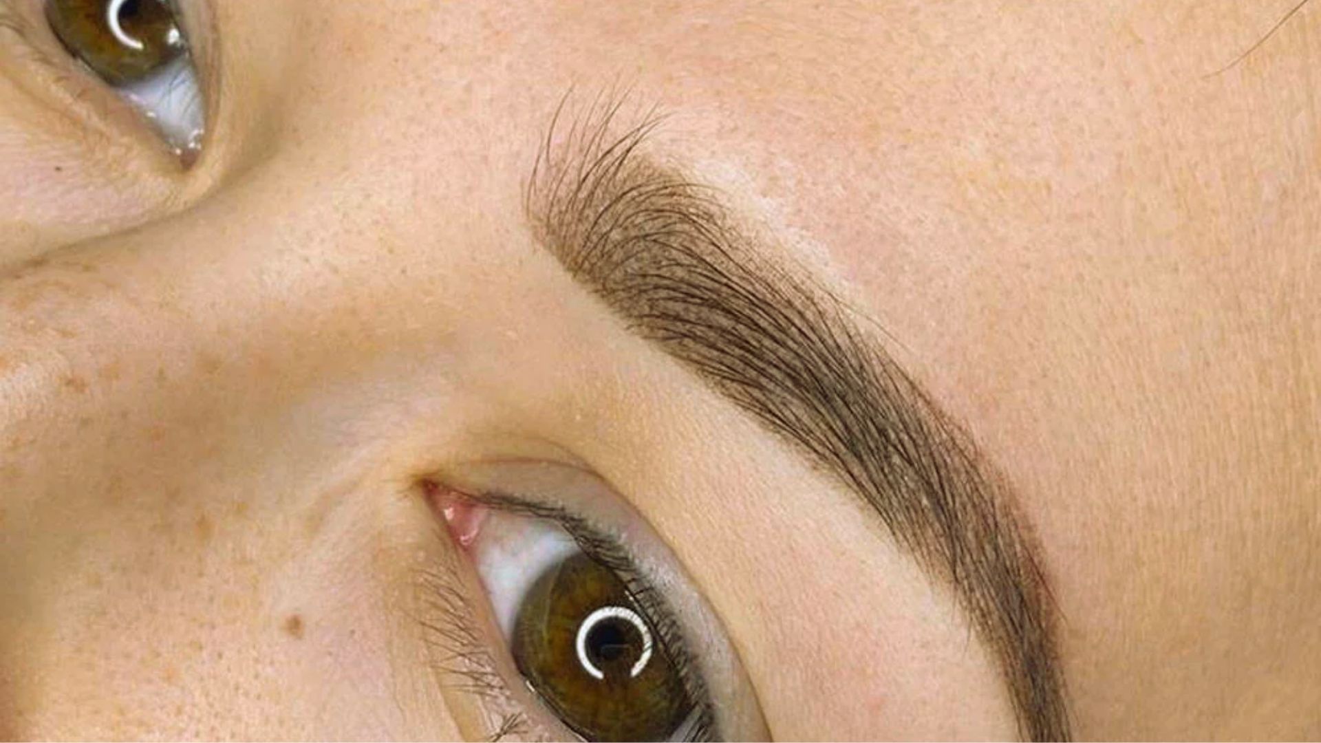 Close-up of a woman's eyebrows above a brown eye, showcasing the natural arch and detail of her brow.