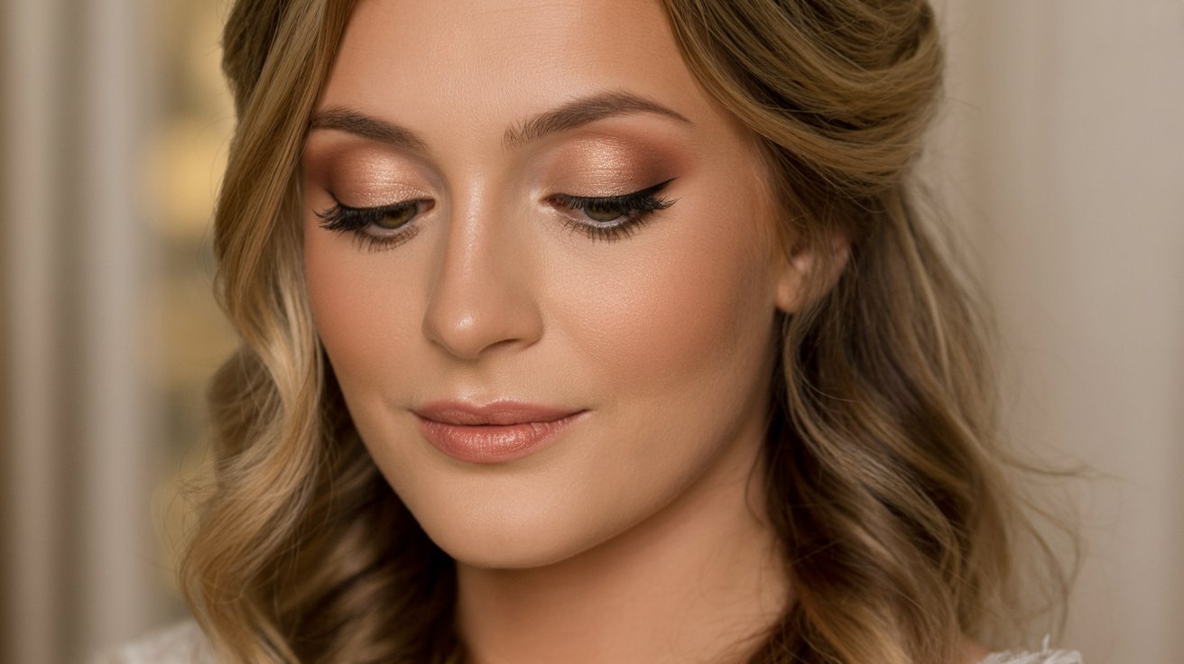 A woman with flowing, wavy hair and elegant makeup, posing gracefully for the photo.
