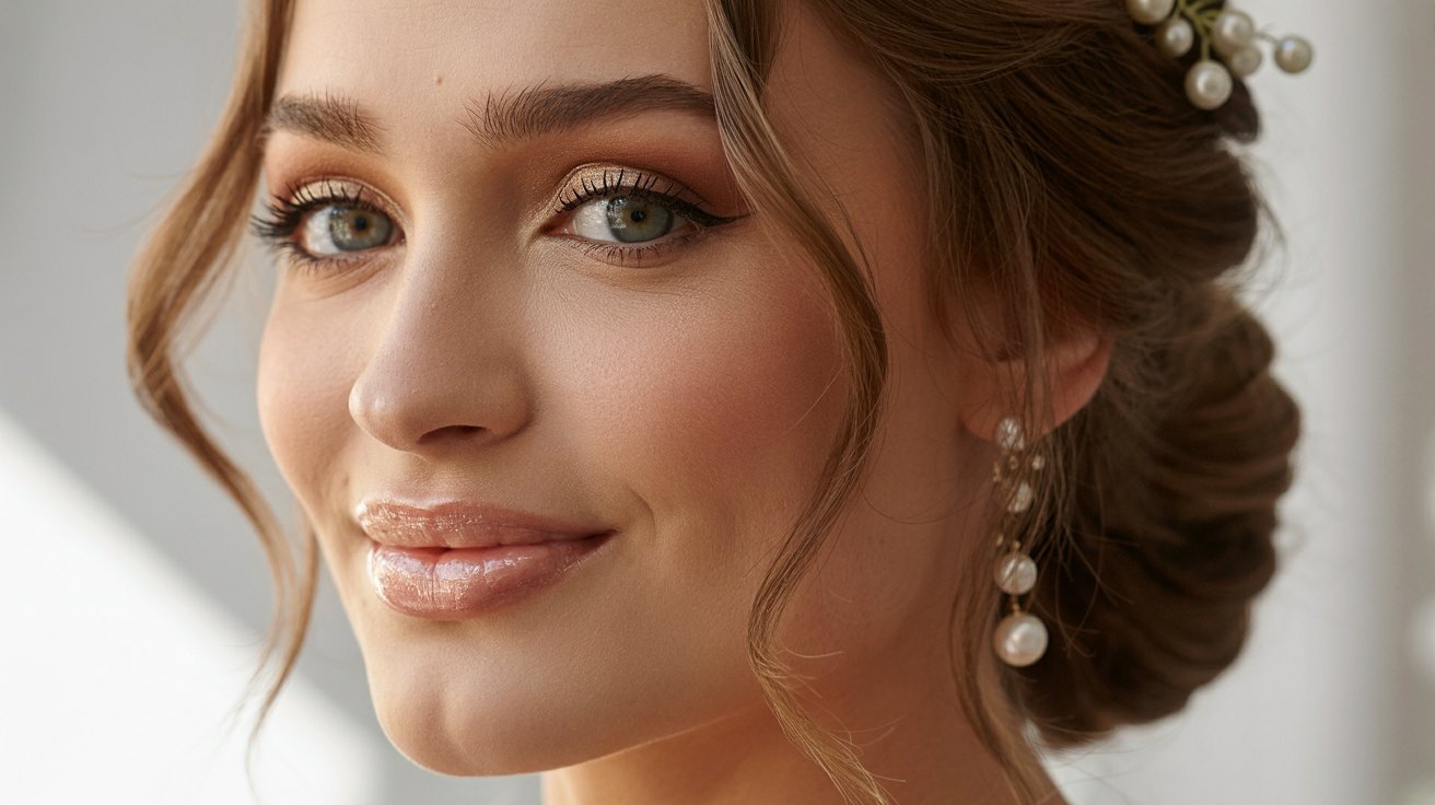 A woman wearing a wedding hairpiece and pearl earrings, showcasing an elegant bridal look.
