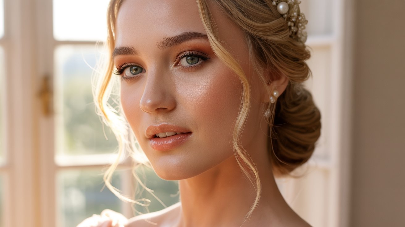 A beautiful bride showcasing her elegant wedding makeup, radiating joy and anticipation for her special day.
