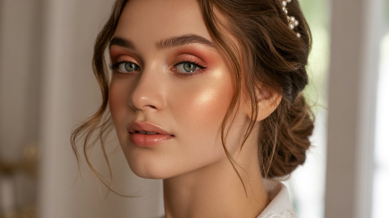 A woman showcasing an elegant wedding makeup look, featuring soft colors and a radiant finish.