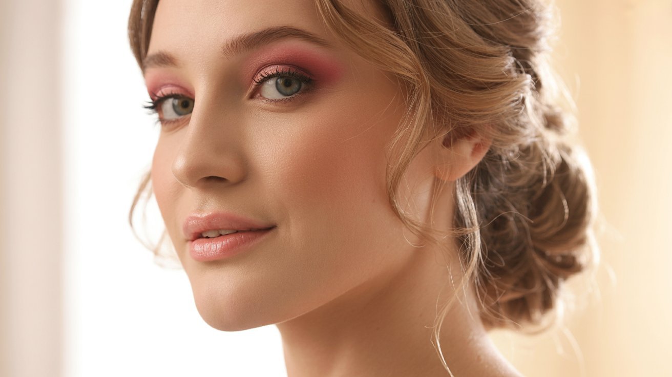 A woman wearing pink eye shadow, showcasing a vibrant and stylish makeup look.