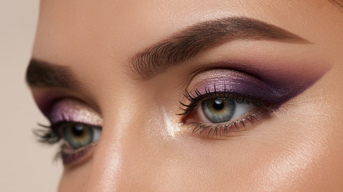 Close-up of a woman's eye adorned with vibrant purple makeup, highlighting her eyelashes and eyelid.