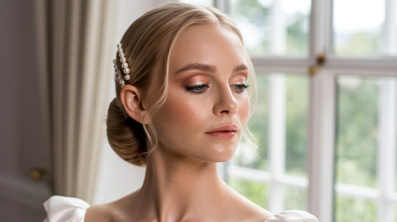 A beautiful bride in an elegant wedding dress, adorned with a delicate hair comb, radiating joy on her special day.