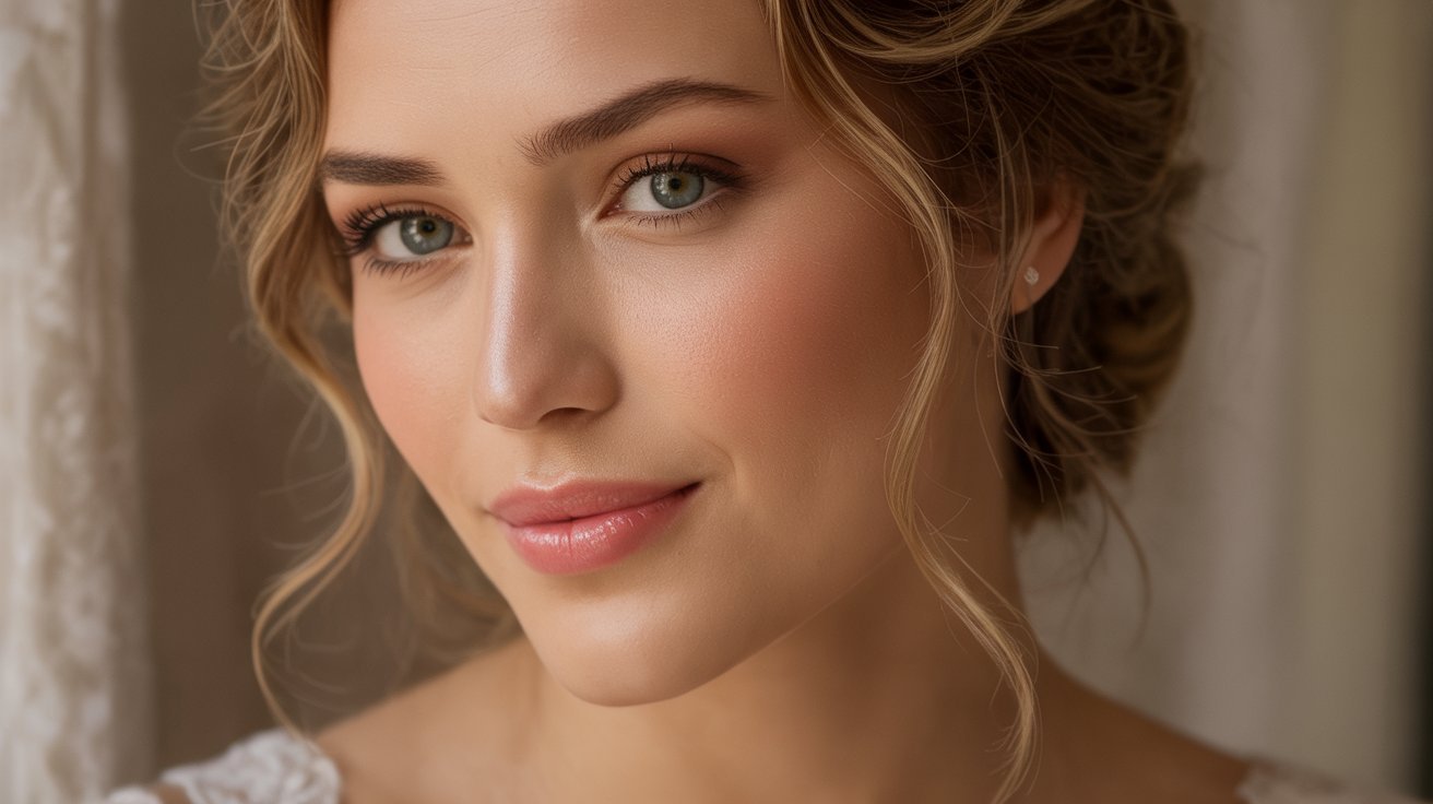 A beautiful woman in an elegant wedding dress, showcasing intricate details and flawless makeup, radiating joy and elegance.