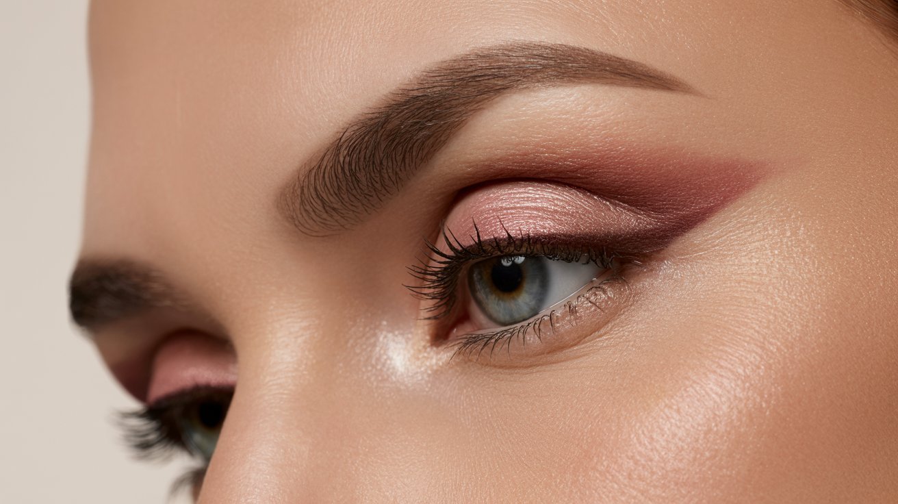 Close-up of a woman's eye adorned with vibrant pink makeup, highlighting her eyelashes and eyelid.