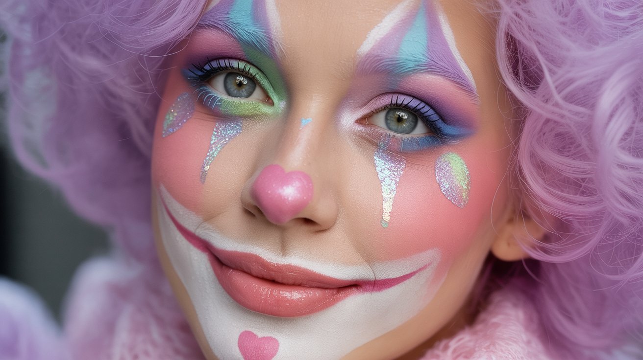 A woman with a colorful clown face and vibrant purple hair, smiling playfully at the camera.