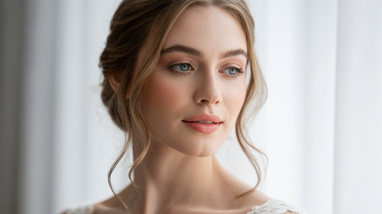 Beautiful bride with blue eyes gazing directly at the camera, radiating joy and elegance on her special day.