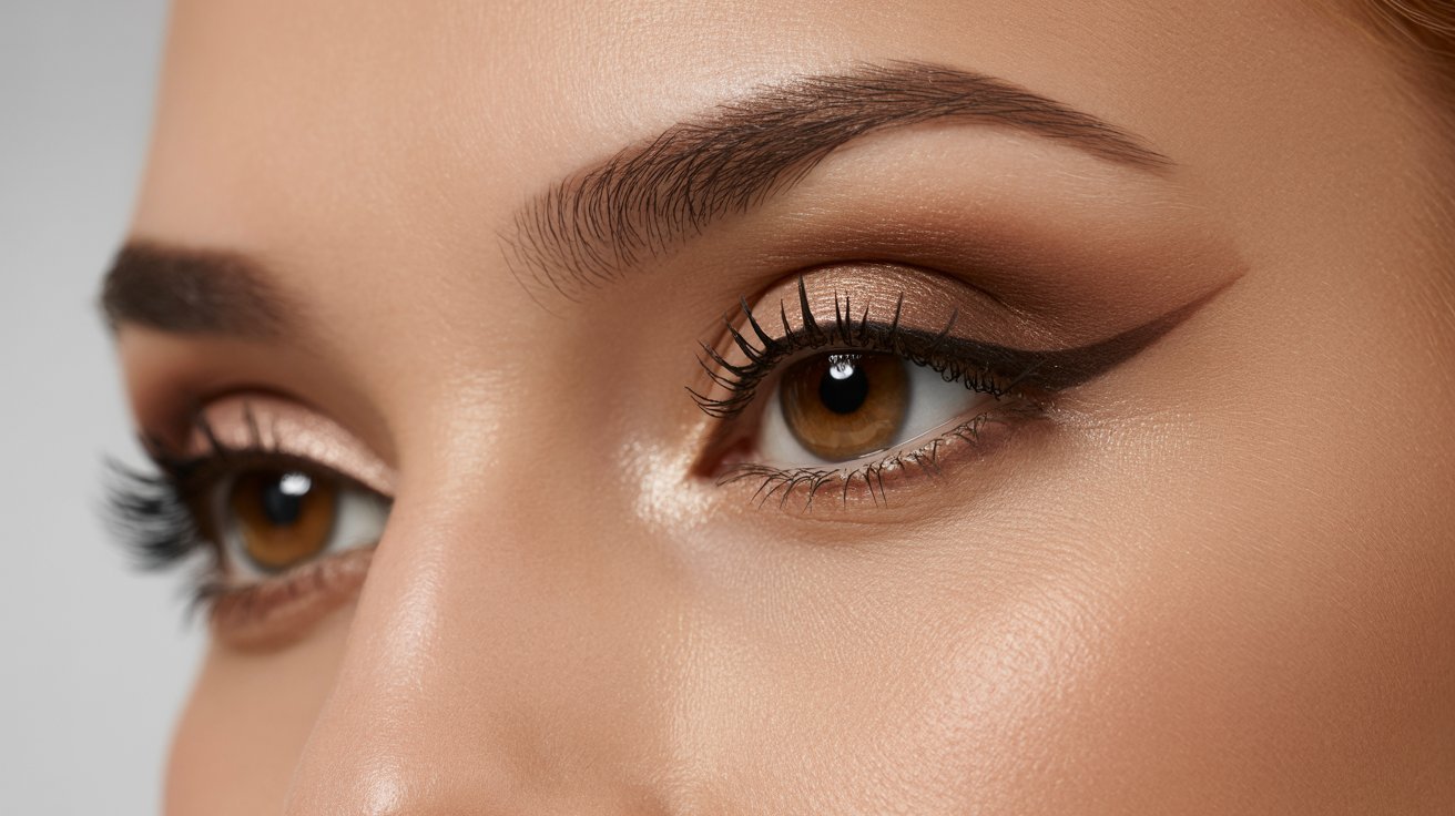 Close-up of a woman's brown eye, showcasing intricate details of the iris and eyelashes.