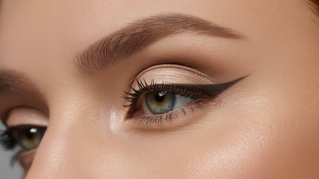  Close-up of a woman's eye showcasing dark eyeliner accentuating her lashes and eyelid.