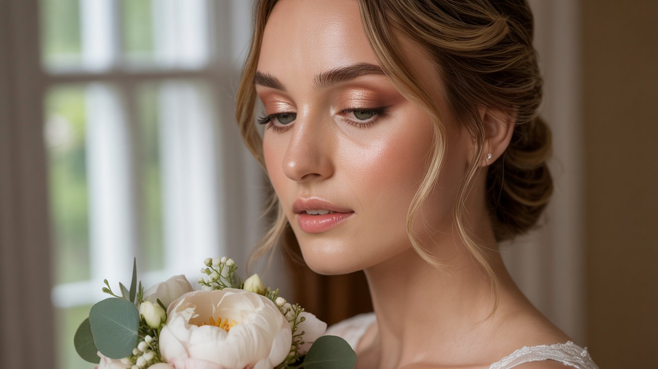  A beautiful bride in a white gown holding a vibrant bouquet of flowers, smiling radiantly on her wedding day.