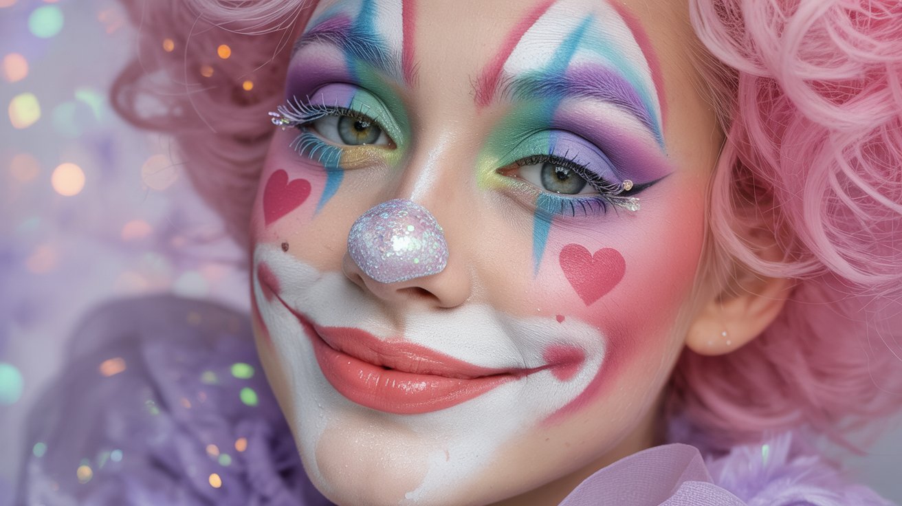 A woman with pink hair and makeup dressed in a colorful clown costume, smiling and posing for the camera.