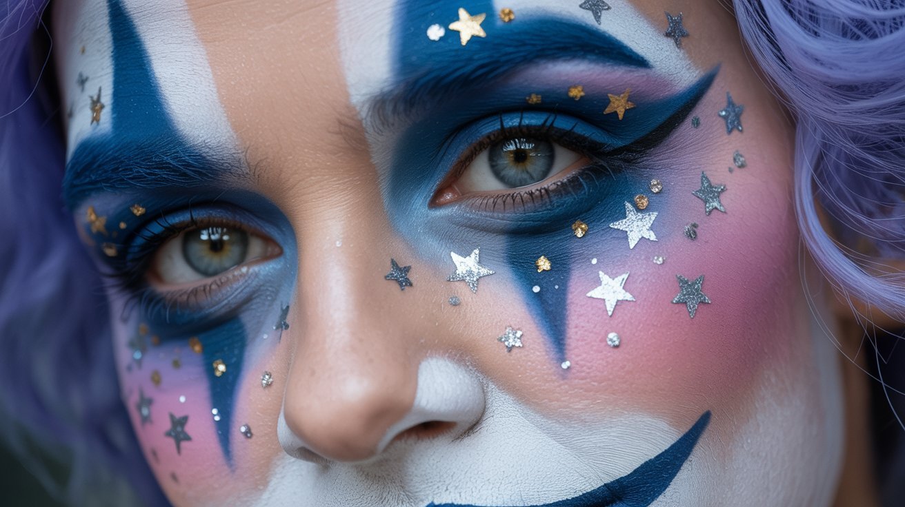 A woman with blue and white clown makeup, featuring exaggerated facial expressions and a playful, whimsical appearance.