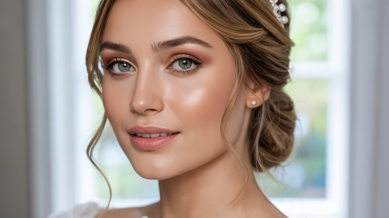  A beautiful bride showcasing her elegant wedding makeup, radiating joy and anticipation for her special day.