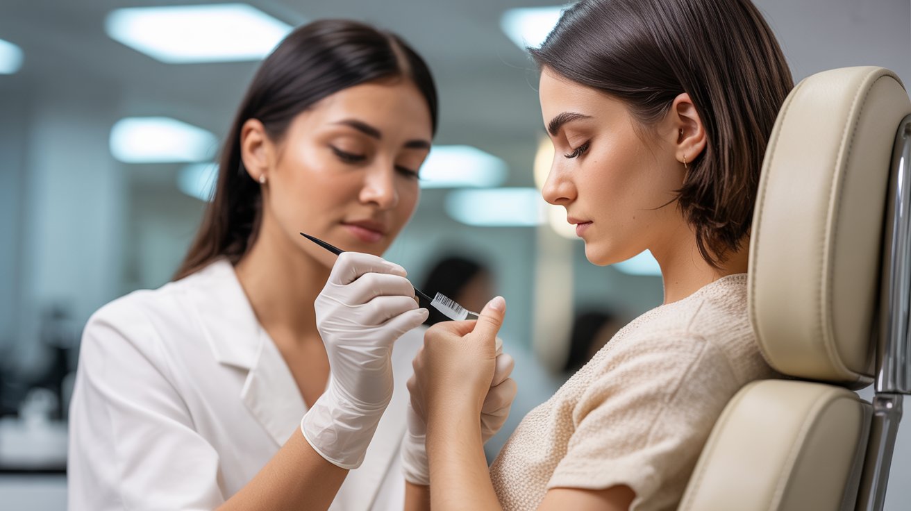A doctor carefully painting a woman's nails, highlighting a professional nail care session in a medical environment.