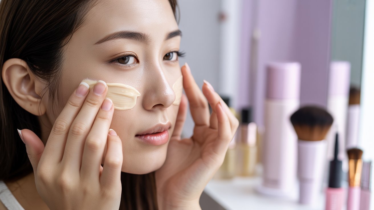 A woman gently applies cream to her face, focusing on skincare and self-care routines.