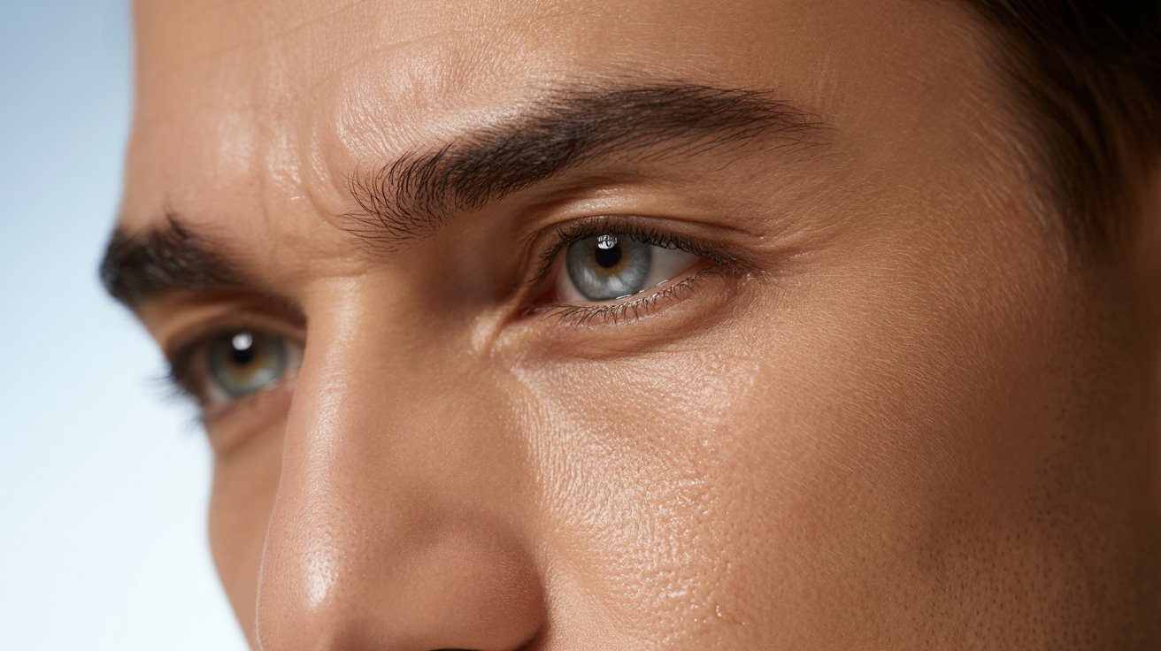 Close-up of a man’s face highlighting his striking blue eyes and facial features. /></p>
<p>Clean and moisturize your face first. If you have dry skin around the eyes, apply a small amount of eye cream and let it absorb. This gives you a smooth base.</p>
<p>If you have oily skin, a light primer over the eyelid helps products stay in place longer.</p>
<h3>Step 2: Groom and Fill Brows</h3>
<p><img fetchpriority=