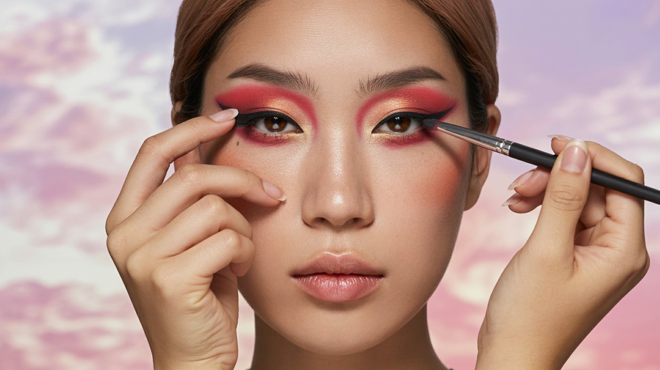 . A woman with vibrant red and pink makeup accentuating her features, showcasing a bold and artistic look.
