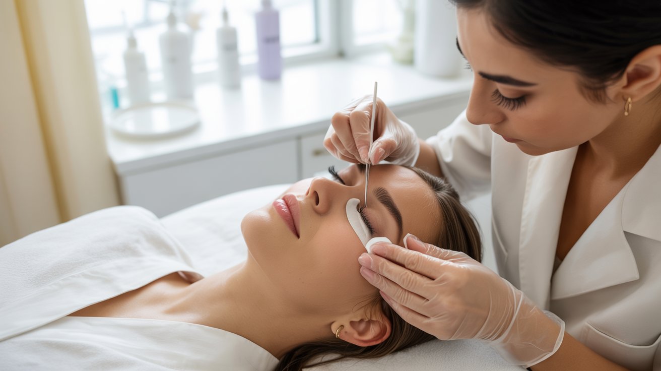  A doctor carefully shaping a woman's eyebrows during a cosmetic procedure.