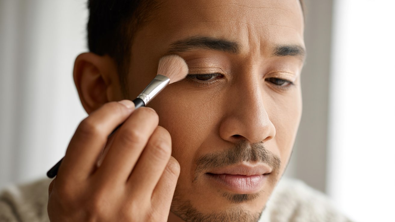 A man is applying makeup to his face, focusing on enhancing his features with various cosmetic products.
