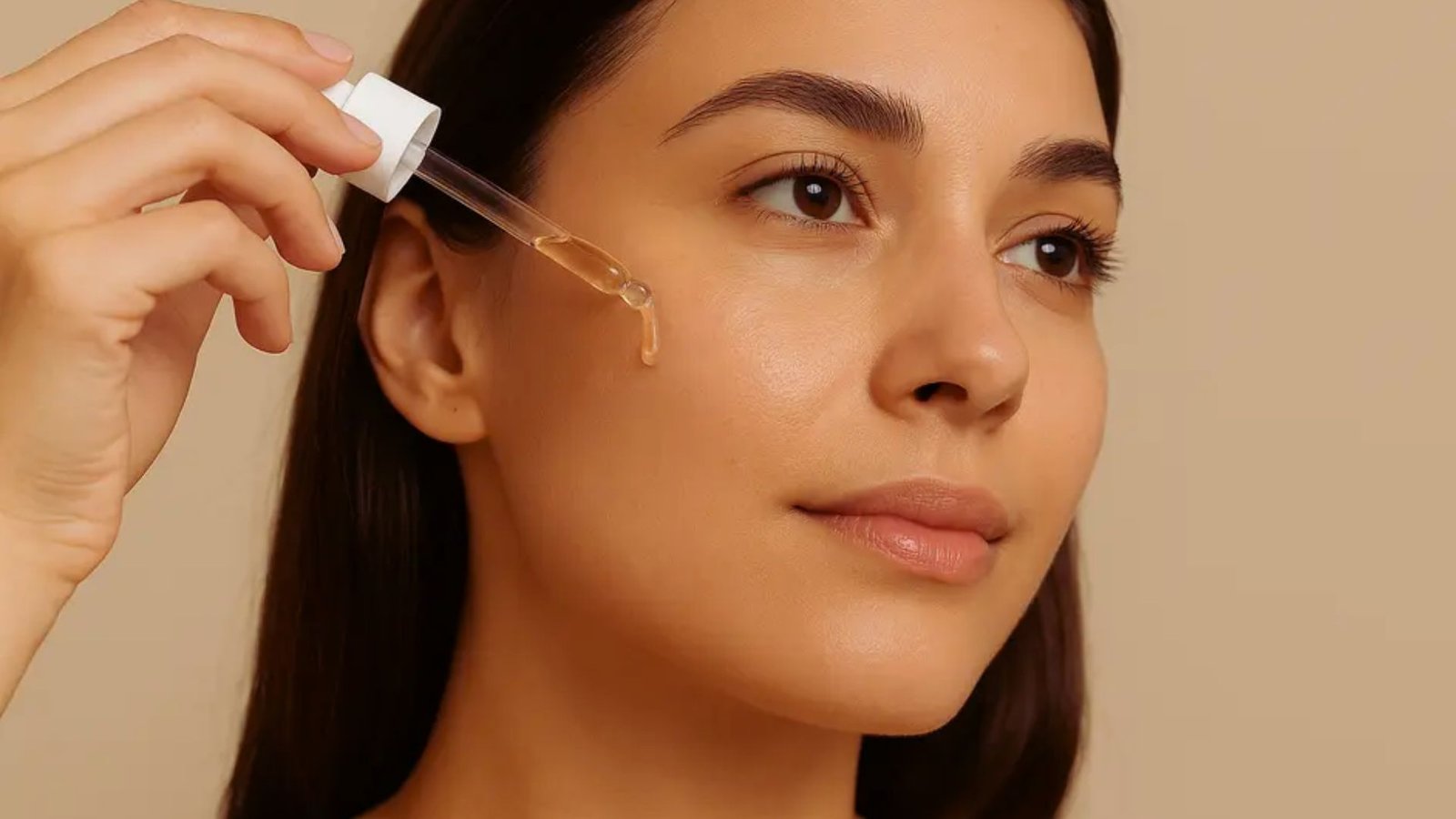  woman gently applying a serum to her face, focusing on skincare and beauty routine.
