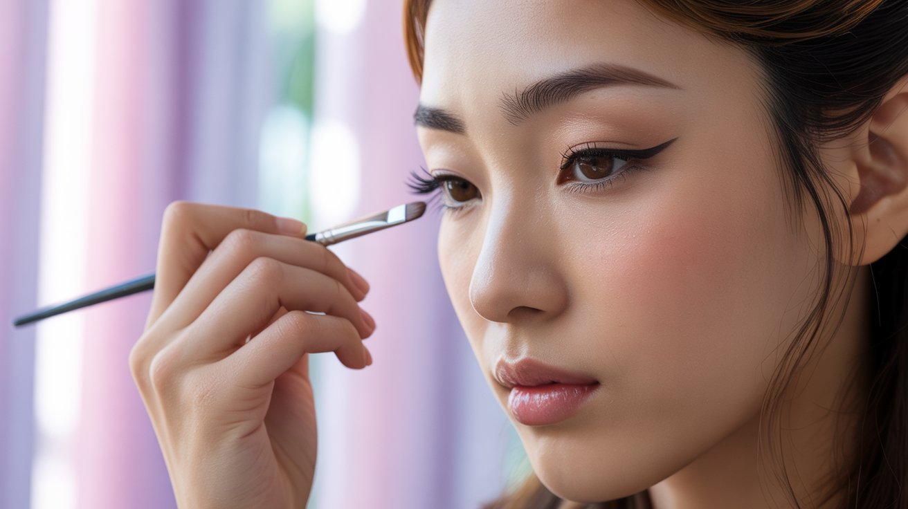 A woman applies makeup to her face using a brush, focusing on enhancing her features with precision.
