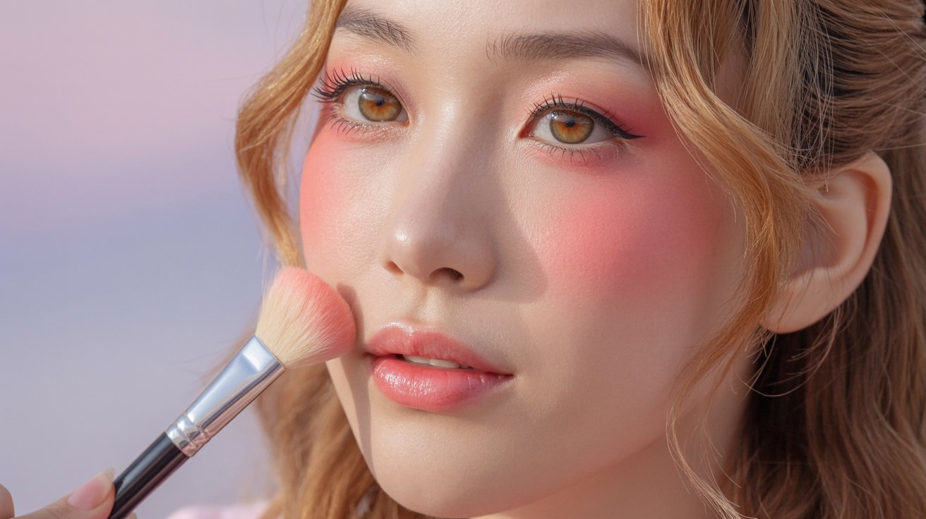 A woman applies pink makeup to her face using a brush, showcasing her beauty routine and vibrant makeup tools.
