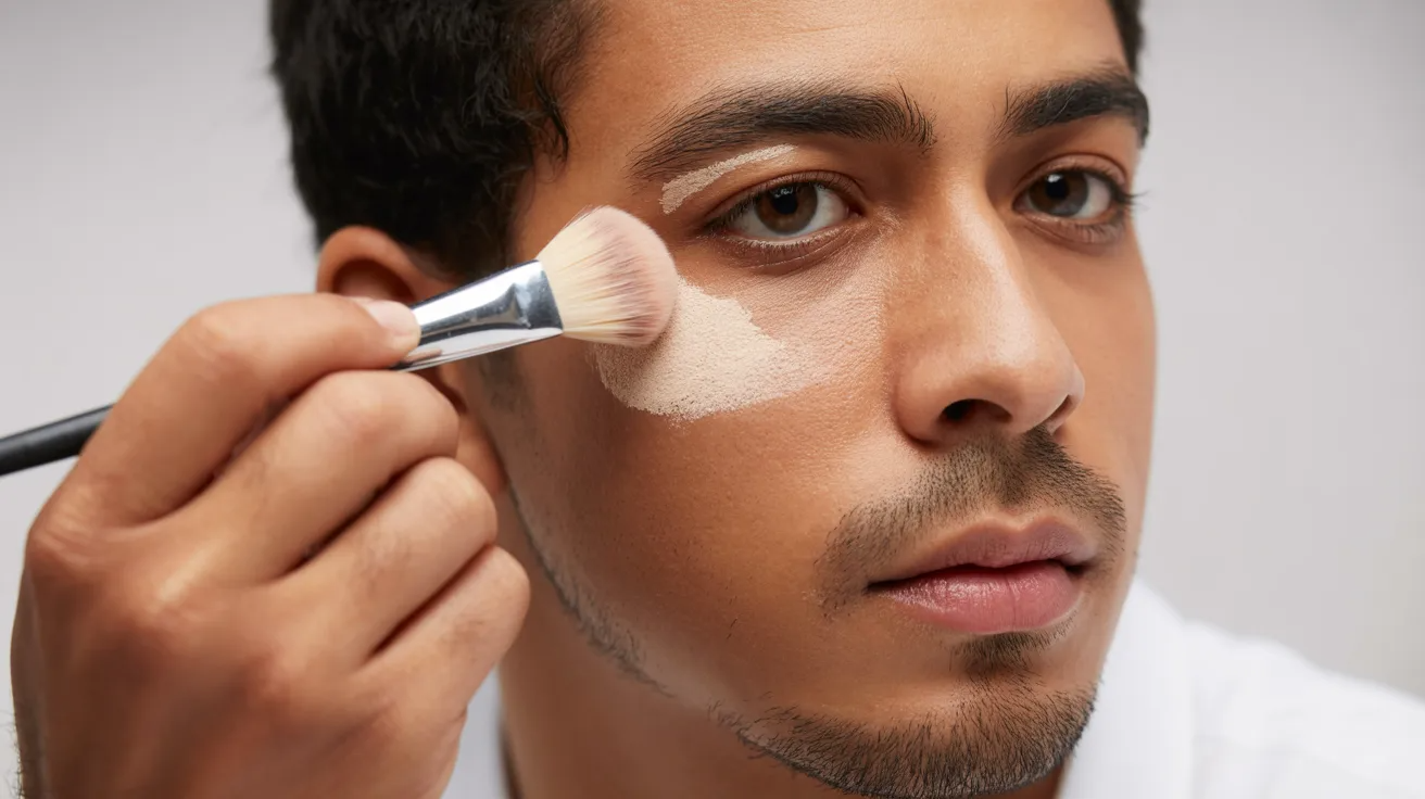A man is applying makeup to his face, focusing on enhancing his features with various cosmetic products.