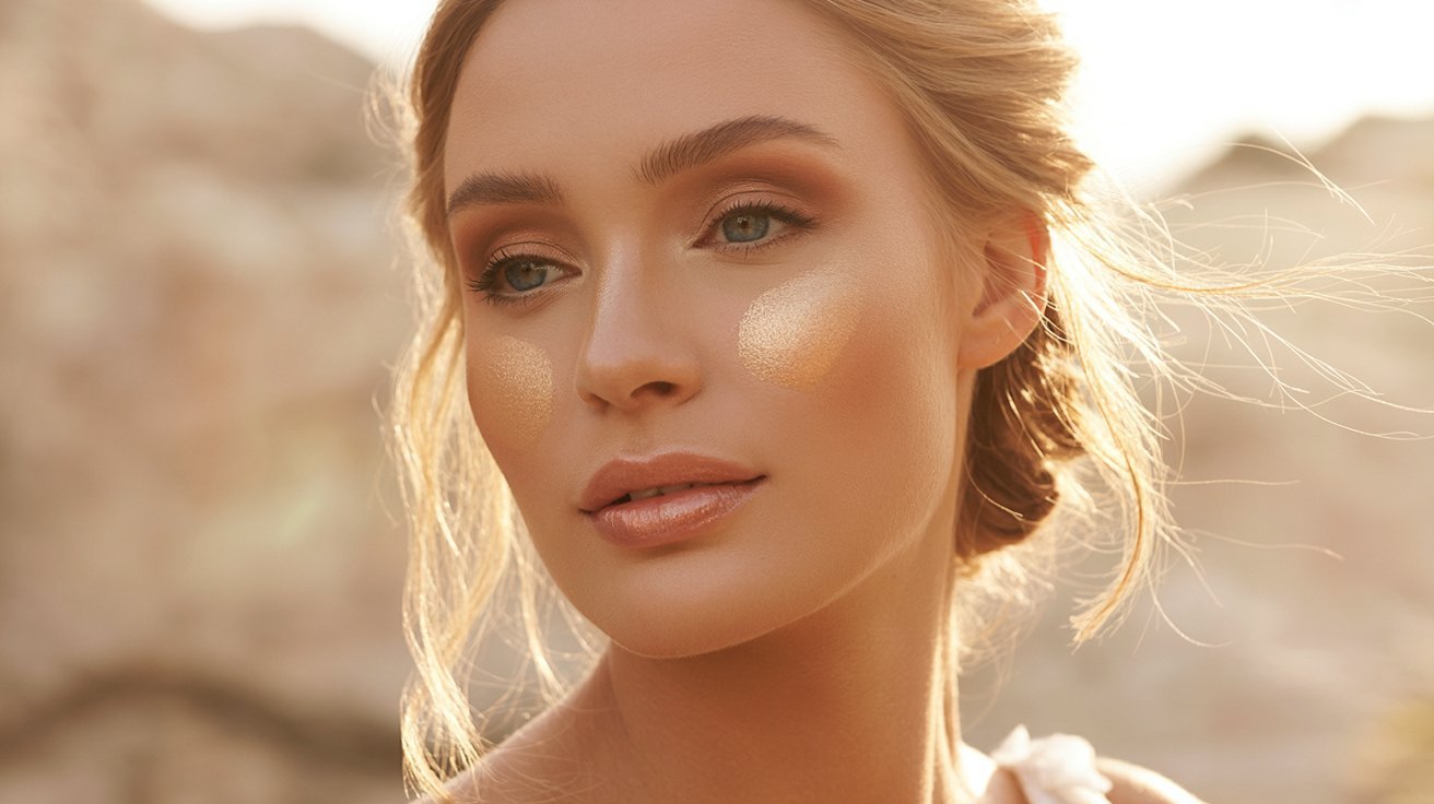  A stunning woman showcasing a glamorous gold makeup look, highlighting her features and elegance.